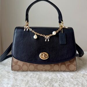 Coach Tilly Top Handle Satchel bag in black / khaki with chain charm